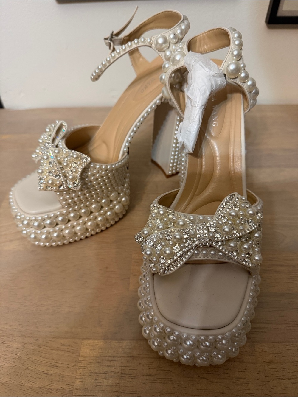 Pearl-Embellished Cream Platform Heels with Bow